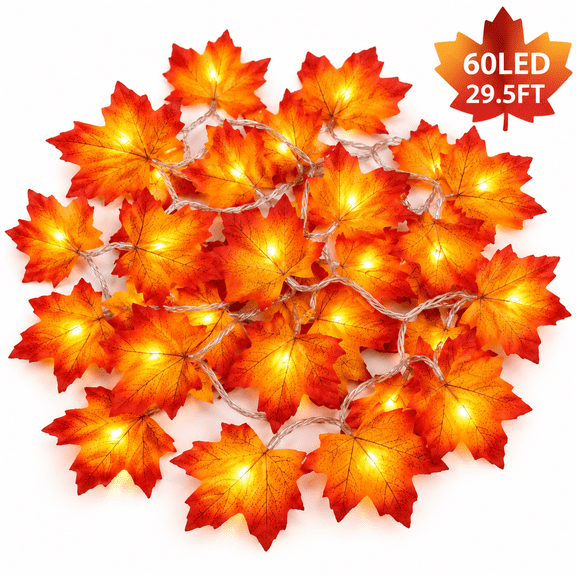 Fall Lights Maple Leaves String Lights,29.5 Ft Fall Lighted Maple Leaves Garland for Holiday Party Indoor Outdoor Halloween Thanksgiving Decor