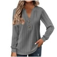 thumbnail image 1 of Fall Lightweight Tops for Women Solid Color V Neck Puff Long Sleeve Shirts Cuff Buton Trim Mid Length Basic T Shirt, 1 of 6