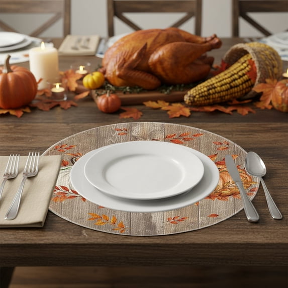 Fall Linen Maple Leaf Pumpkin Placemat, Colorful Pretty Desktop Decoration, Interest Print Round Placemats Home Decoration Party Arrangement
