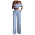 thumbnail image 1 of Fall Linen Pant Sets Women 2 Piece Outfits Two Piece Lounge Sets for Women Maternity Women'S Spring/Summer Solid One-Line Shoulder Ruffled Short Sleeve Floor-Length Pocket Pantsuit, 1 of 6