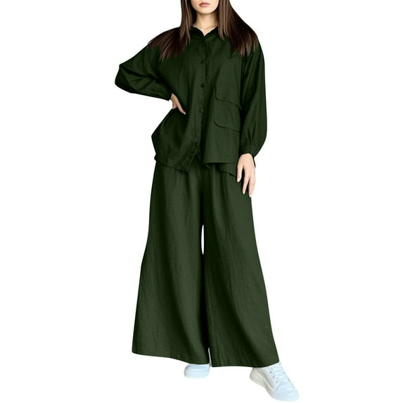 Fall Linen Pant Sets Women 2 Piece Outfits Two Piece Pants Outfits Linen Women‘s Solid Color V-neck+Pants Set Casual Home Two-piece Set Long Sleeved V-neck Pajamas Set