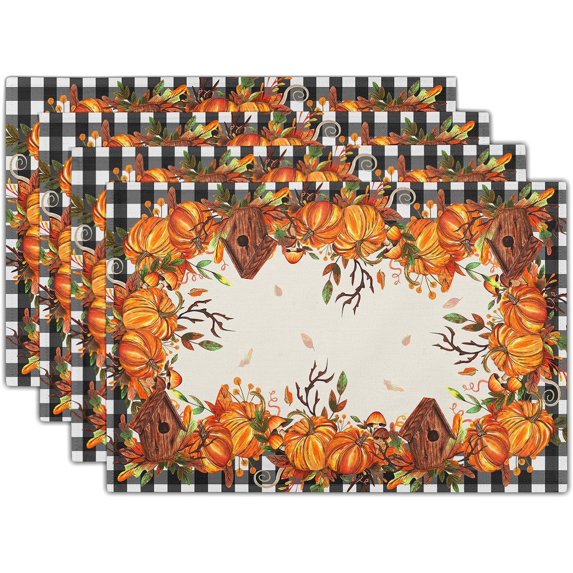 Fall Linen Placemats Set of 4 Autumn Thanksgiving Pumpkin Non Slip Heat-Resistant Washable Wipeable Table Place Mat Tablemat for Kitchen Dining Table Home Decoration 12" x 18"