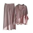 thumbnail image 1 of Fall Linen Sets for Women 2 Piece Outfit Dressy Casual Long Sleeve Button down Shirt Wide Leg Pants Suit Loungewear, 1 of 5