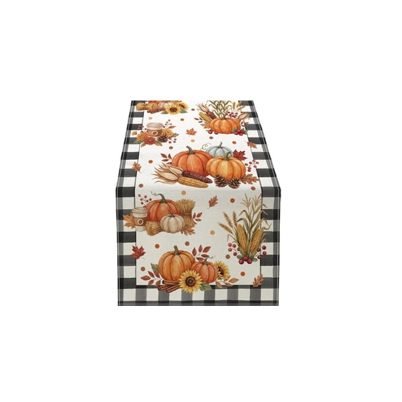 Fall Linen Table Runner, Maple Leaf Pumpkin Print Fall Harvest Thanksgiving Table Runners for Dining Table Decor