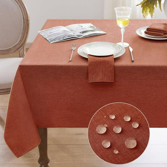 Fall Linen Textured Rectangle Tablecloth,Waterproof Wipeable Farmhouse Burlap Table Cloth,Stain Resistant Wrinkle Free Table Covers for Kitchen Dining Holiday Party (60 x 102,Rust Red)