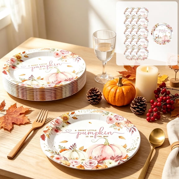 Fall Little Pumpkin Baby Shower Disposable Tableware Set Floral Leaf Paper Plates Cups Napkins Autumn Party Decor Supplies