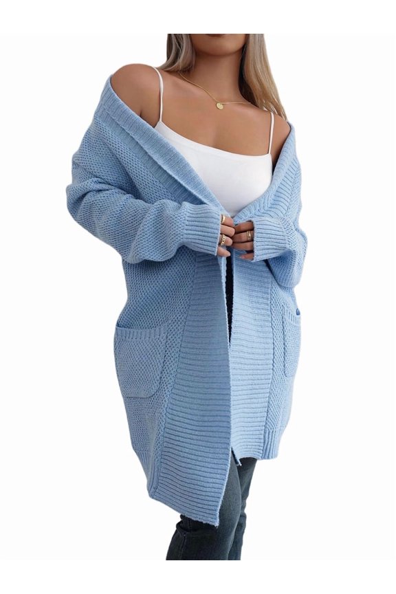 Fall Long Sleeve Cardigan Sweaters for Women Trendy Winter Open Front Loose Knitted Cardigan with Pockets Blue L