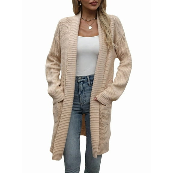 Fall Long Sleeve Cardigan Sweaters for Women Trendy Winter Open Front Loose Knitted Cardigan with Pockets Khaki XL