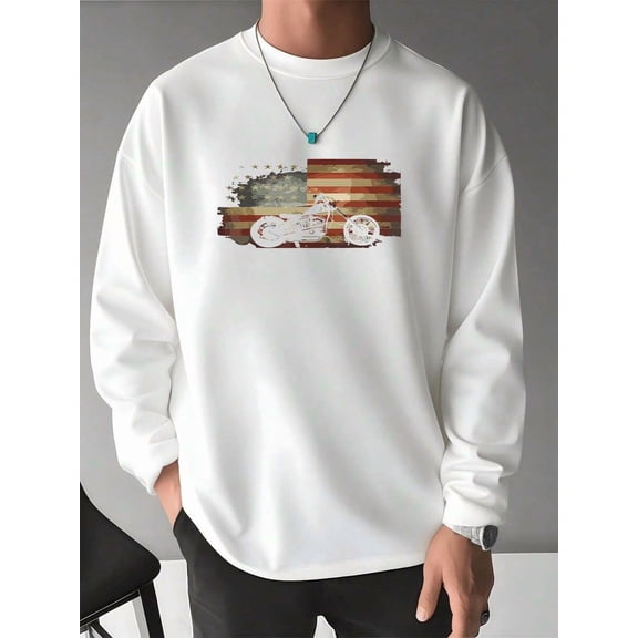 Fall Long Sleeve Casual Tee American Flag Motorcycle Graphic Men's T Shirt Vintage Style 100% Cotton Biker Spirit Digital Printed T Shirt