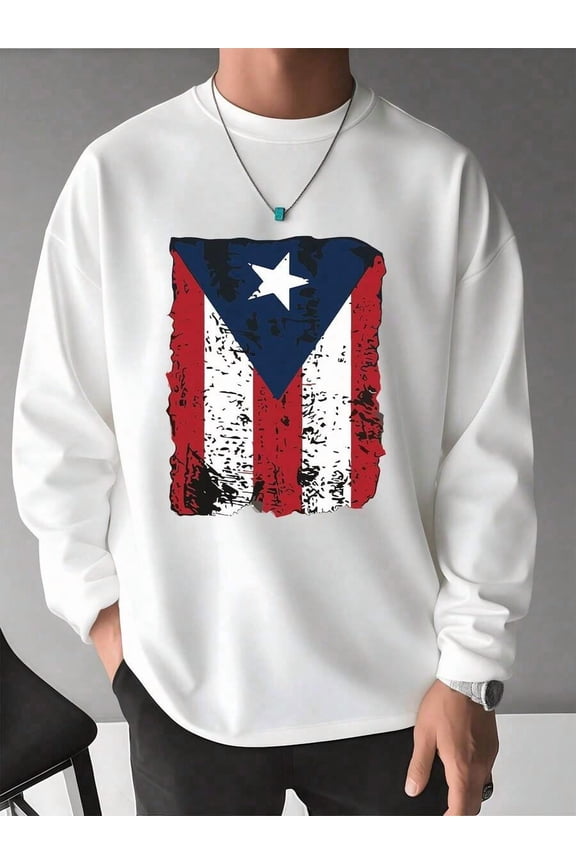 Fall Long Sleeve Casual Tee Puerto Rico Flag Graphic Men's T Shirt Vintage Streetwear 100% Cotton Patriotic Flag Digital Printed T Shirt