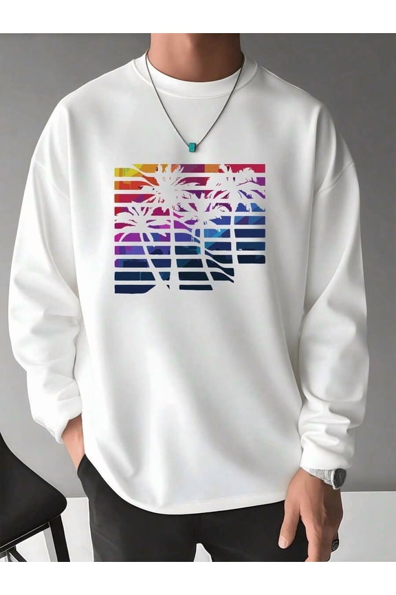 Fall Long Sleeve Casual Tee Sunset Palm Trees Graphic Men's T Shirt Vintage Style 100% Cotton Beach Landscape Digital Printed T Shirt For Streetwear And Outdoor Activities