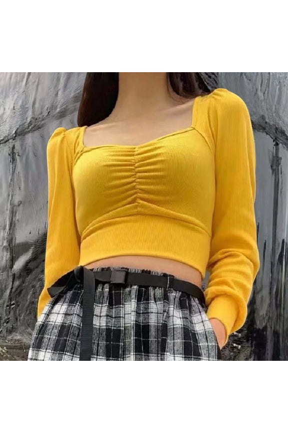 Fall Long Sleeve Cropped Sweaters For Women Off The Shoulder V Neck Ruched Ribbed Knit Going Out Tops Womens Long Athletic Pullover Olive Sweater for Men Unveil Sweater Colla Sweaters for Women Mens