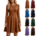 thumbnail image 1 of Fall Long Sleeve Dresses for Women Casual Crewneck Slim A Line Pleated Solid Color Mini Cocktail Party Formal Wedding Guest Dress, 1 of 9