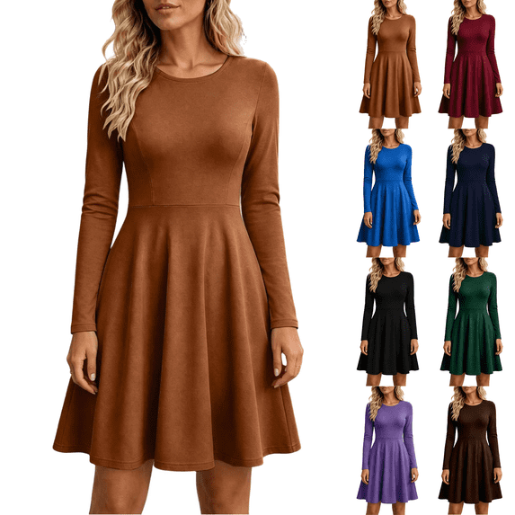 Fall Long Sleeve Dresses for Women Casual Crewneck Slim A Line Pleated Solid Color Mini Cocktail Party Formal Wedding Guest Dress