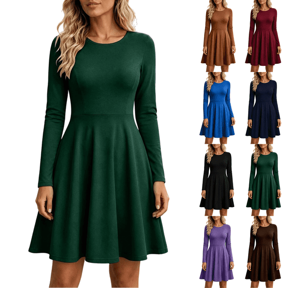 Fall Long Sleeve Dresses for Women Casual Crewneck Slim A Line Pleated Solid Color Mini Cocktail Party Formal Wedding Guest Dress