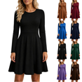 thumbnail image 1 of Fall Long Sleeve Dresses for Women Casual Crewneck Slim A Line Pleated Solid Color Mini Cocktail Party Formal Wedding Guest Dress, 1 of 9
