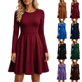 thumbnail image 1 of Fall Long Sleeve Dresses for Women Casual Crewneck Slim A Line Pleated Solid Color Mini Cocktail Party Formal Wedding Guest Dress, 1 of 9