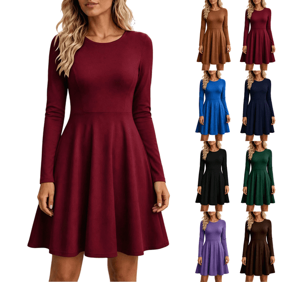 Fall Long Sleeve Dresses for Women Casual Crewneck Slim A Line Pleated Solid Color Mini Cocktail Party Formal Wedding Guest Dress