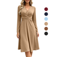 thumbnail image 1 of Fall Long Sleeve Dresses for Women Elegant V Neck Twist Front Waist Casual Midi Party Formal Wedding Guest Dress,Sizes S-2XL, 1 of 9