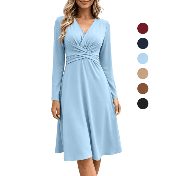 Fall Long Sleeve Dresses for Women Elegant V Neck Twist Front Waist Casual Midi Party Formal Wedding Guest Dress,Sizes S-2XL