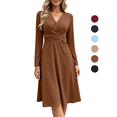 thumbnail image 1 of Fall Long Sleeve Dresses for Women Elegant V Neck Twist Front Waist Casual Midi Party Formal Wedding Guest Dress,Sizes S-2XL, 1 of 9