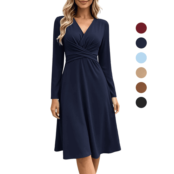 Fall Long Sleeve Dresses for Women Elegant V Neck Twist Front Waist Casual Midi Party Formal Wedding Guest Dress,Sizes S-2XL