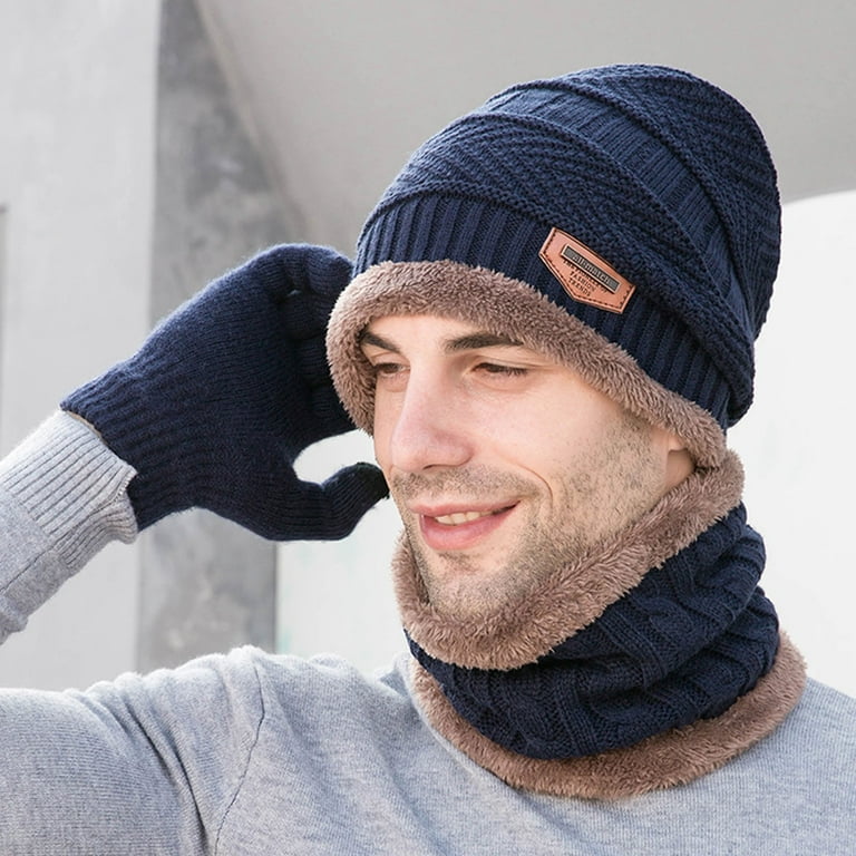 Fall Long Sleeve Thermal Beanie Hats for Men Blue Men's Winter