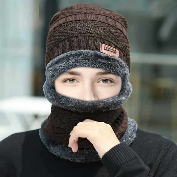 Fall Long Sleeve Thermal Beanie Hats for Unisex Brown Winter Plush Hat Scarf Woolen Cap Cycling Windproof Two-piece Suit
