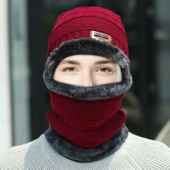Fall Long Sleeve Thermal Beanie Hats for Unisex Red Winter Plush Hat Scarf Woolen Cap Cycling Windproof Two-piece Suit