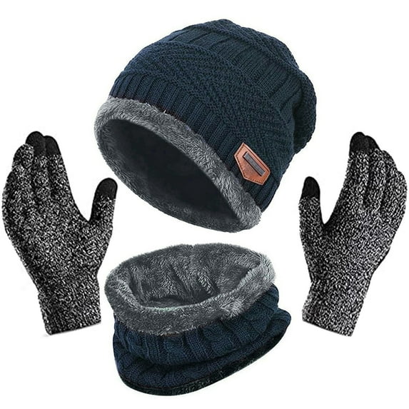 Fall Long Sleeve Thermal Beret Hats for Unisex Blue Men Women Winter Hat Warmer Scarf Touchscreen Gloves Set Neck Thick Knit