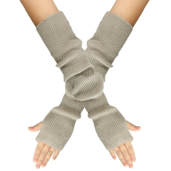 Fall Long Sleeve Thermal Gloves for Unisex Gray Solid Color Knitted Fingerless With Thumb Hole Warm