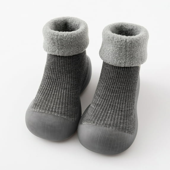 Fall Long Sleeve Thermal Toddler Slippers for Boys Gray Kids Baby Girls Solid Warm Knit Soft Sole Rubber Shoes Socks Slipper Stocking