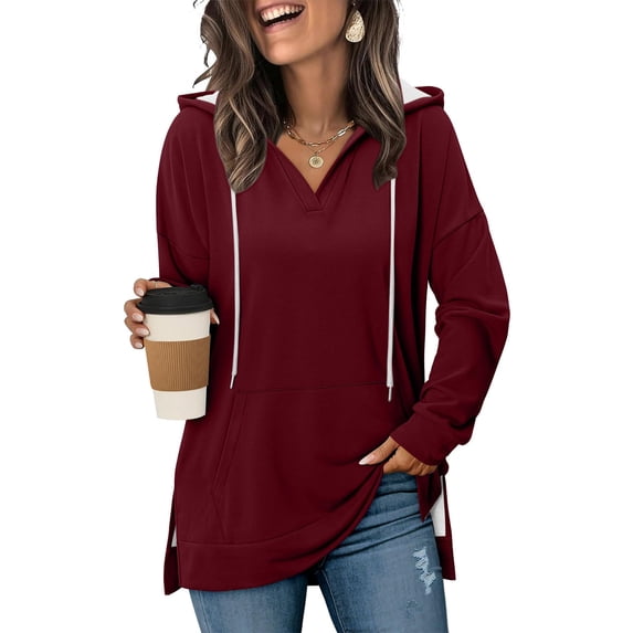 Fall Long Solid Color Hoodies for Women, V-Neck Long Sleeves Drawstring Pullover Jackets, Winter Fleece Warm Side Slit Blouses with Pockets
