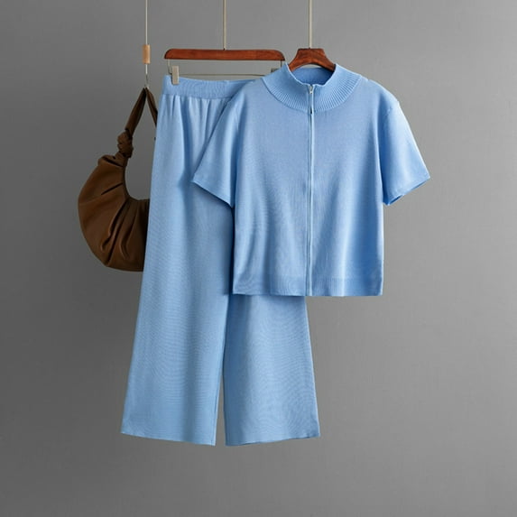 Fall Lounge Knit 2 Piece Outfits for Women Out Work Short Sleeve Round Neck Zip Up Sweaters Trendy Vacation Solid Color Long Wide Leg trousers