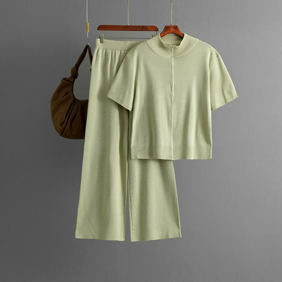 Fall Lounge Knit 2 Piece Outfits for Women Out Work Short Sleeve Round Neck Zip Up Sweaters Trendy Vacation Solid Color Long Wide Leg trousers