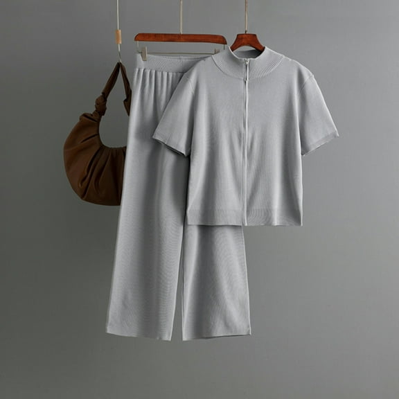 Fall Lounge Knit 2 Piece Outfits for Women Out Work Short Sleeve Round Neck Zip Up Sweaters Trendy Vacation Solid Color Long Wide Leg trousers