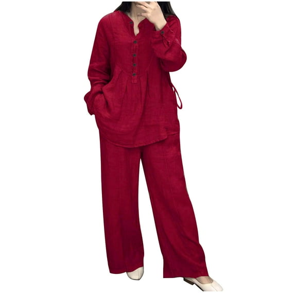 Fall Lounge Sets for Women 2 Piece Cotton Two Piece Fall Sets for Women Women'S Spring/Summer Solid Color-Neck Casual Long Sleeve Pocket Wide Leg Pantsuit