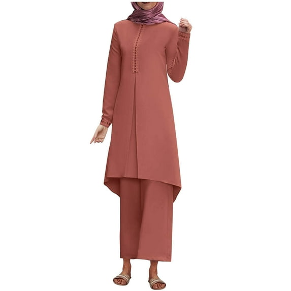 Fall Lounge Sets for Women 2 Piece Cotton Two Piece Pants Outfit Women Spring Solid Color Muslim Solid Color Long Sleeve Shirt Coat Wide Leg Trousers Casual Suit