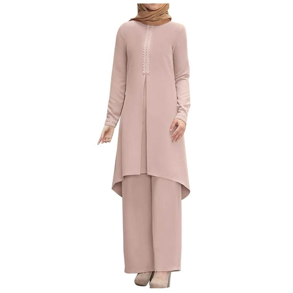 Fall Lounge Sets for Women 2 Piece Linen Pants Set for Women Pink Women Spring Solid Color Muslim Solid Color Long Sleeve Shirt Coat Wide Leg Trousers Casual Suit