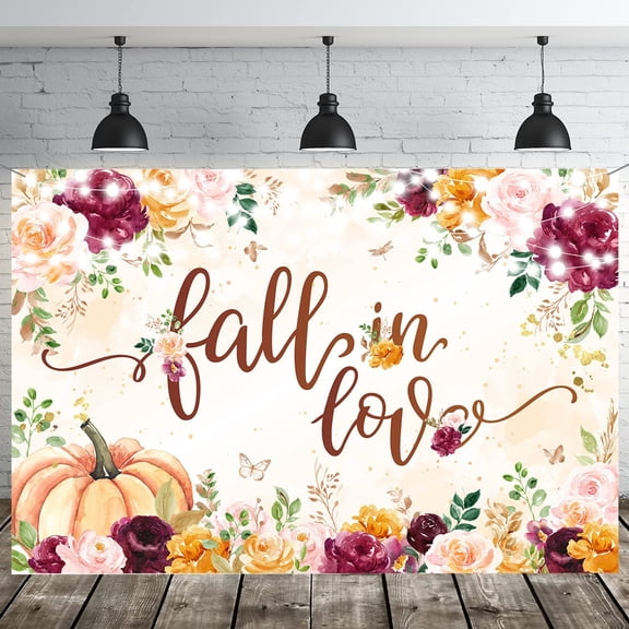 Fall in Love Backdrop Autumn Watercolor Floral Pumpkin Wedding Photography Background Pink Floral Fall Bridal Shower Anniversary Engagement Party Decorations Banner Supplies Photo Booth Props