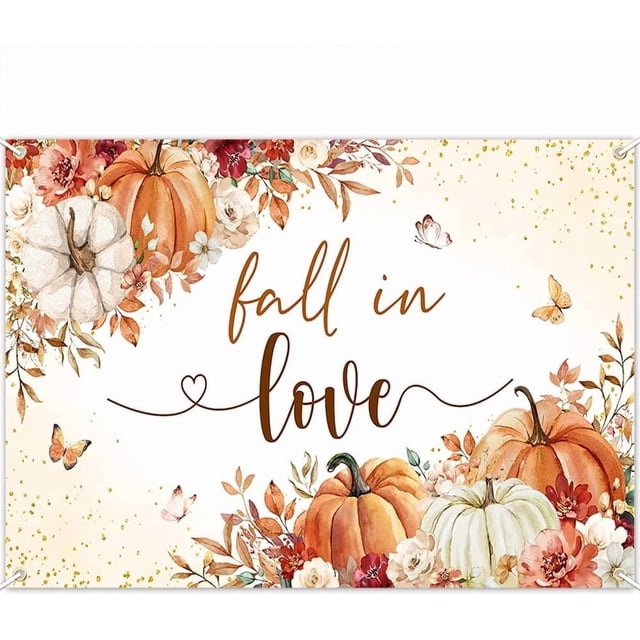 Fall in Love Backdrop Autumn White Orange Floral Leaves Bridal Shower ...