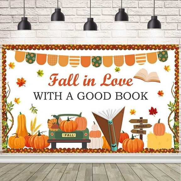Fall in Love with Book Backdrop Thanksgiving Reading Decorations Banner Fall Pumpkin Classroom Decors Autumn Maple Leaves Pumpkin Background for Home Library School Thanksgiving Party