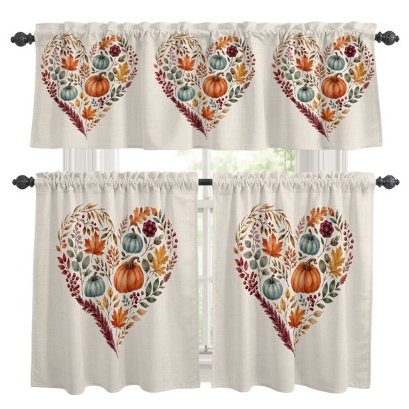 Fall Love Heart Kitchen Curtains Valances 3 Piece Set, Country Vintage Harvest Pumpkins Maple Leaves Flower Rod Pocket Tier Curtain and Valance Drapes for Small Window 24 Inch Length for Bedroom Cafe