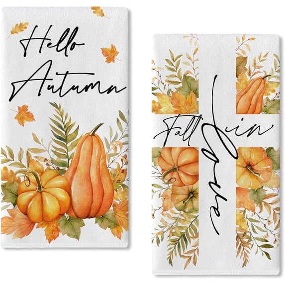 Fall in Love Pumpkin Cross Religious Kitchen Dish Towels Set of 2, Hello Autumn Maple Leaves Gourd Hand Towels Drying Baking Cooking Cloth, Farmhouse Thanksgiving Home Kitchen Decor 18x26 Inch