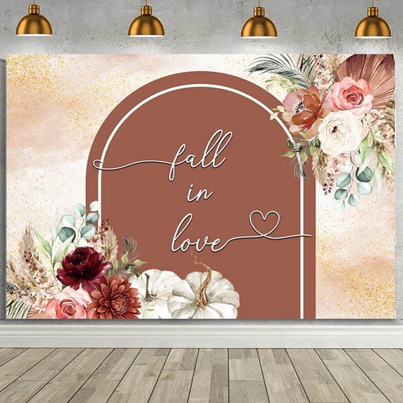 Fall in Love Romantic Backdrop Autumn Flowers Pumpkin Terracotta Wedding Decoration Banner Fall Pampas Grass Dried Burgundy Rose Wedding Bridal Shower Photography Background Party Supplies