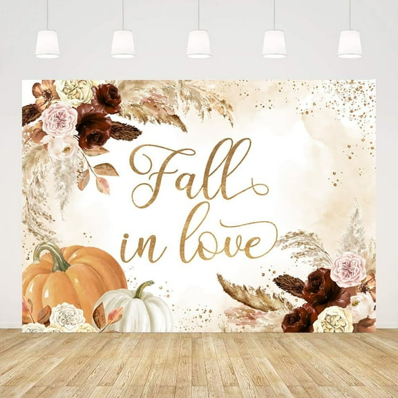 Fall in Love Romantic Backdrop Autumn Wedding Theme Green Leaves Gold Dots Pumpkin Photography Background Bridal Shower Party Decorations Banner Photo Booth Props