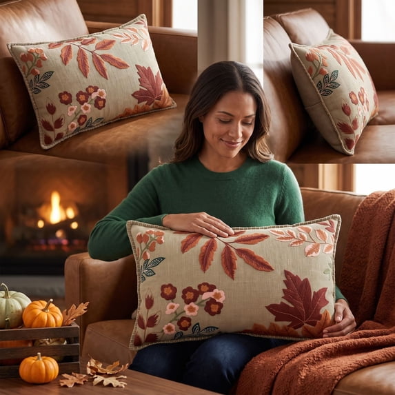 Fall Lumbar Pillow Cover 20x12 - Harvest Floral Cushion Case for Home