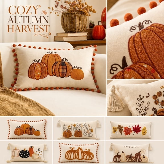 Fall Lumbar Pillow Cover, Pumpkin Throw Pillow, Fall Decor for Home, 20X12 Inch Lumbar Pillow Cover Without Insert, Embroidered Multi-Pumpkin Maple Leaf Design Tassel Decor, Soft