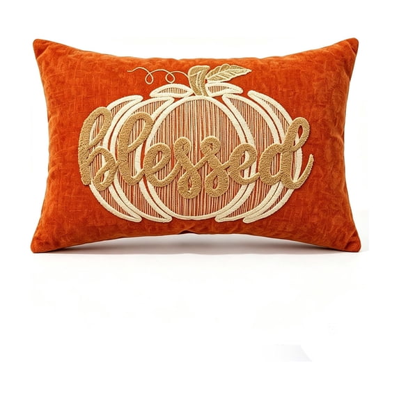 Fall Lumbar Throw Pillow with Pumpkin Embroidered Design for Sofa Bedroom and Harvest Decor