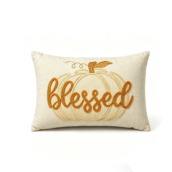 Fall Lumbar Throw Pillow with Pumpkin Embroidered Design for Sofa Bedroom and Harvest Decor